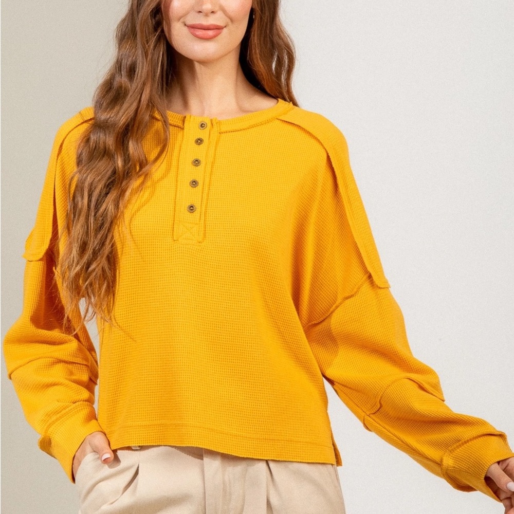 New yellow waffle knit top